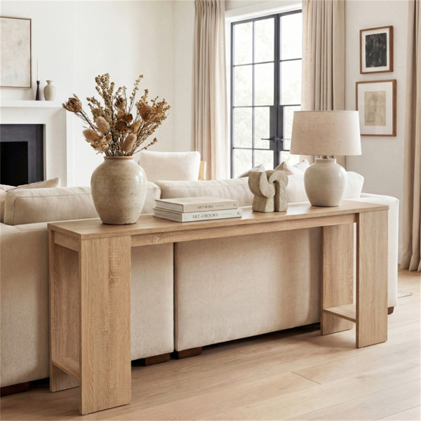 71英寸长农舍控制台桌，带底部储物架的窄入口桌-4