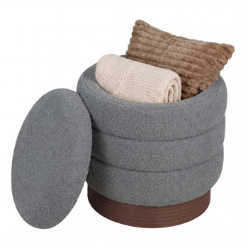 圆形旋转储物脚凳，带实木框架，无需组装，储物空间为5.5加仑-灰色