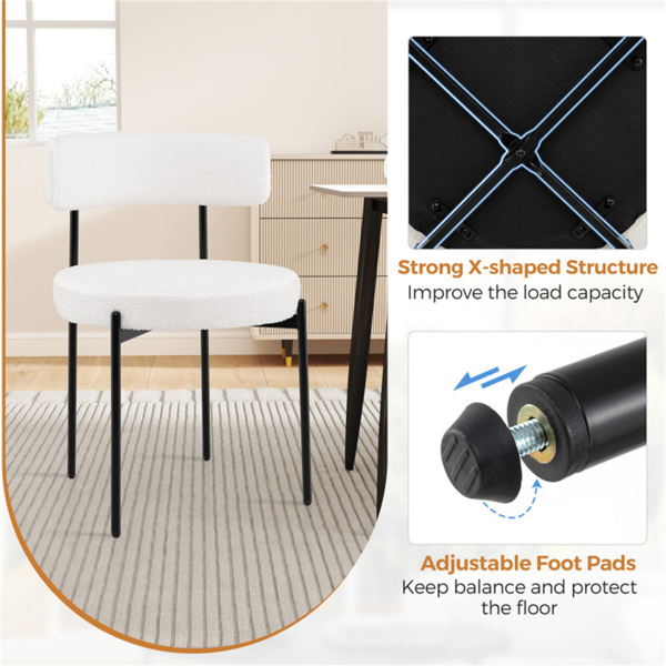 2把白色夏尔巴软垫餐椅，符合人体工程学的弧形靠背和宽圆形座椅-9