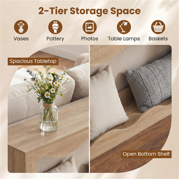 63英寸窄控制台桌，波浪形中空设计，2层超长入口桌，带储物架 - 自然色-10