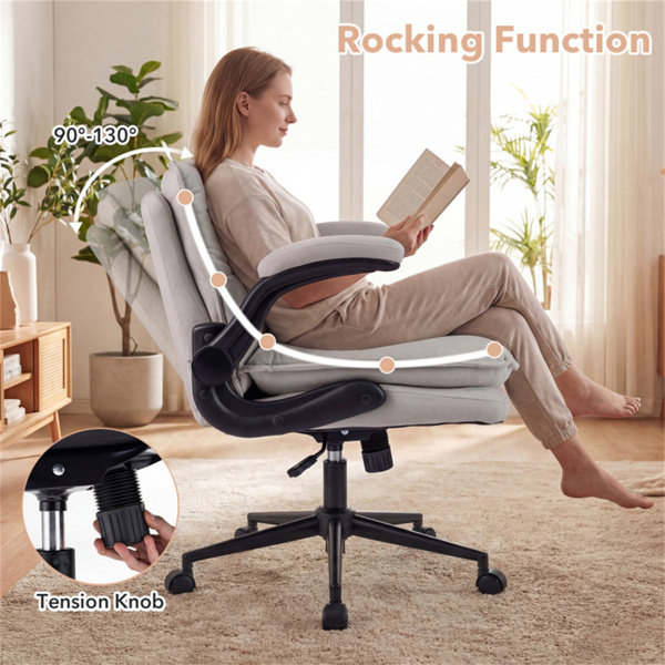 带翻转扶手的Criss十字椅，带可调节高度和摇摆功能的人造皮革交叉腿办公椅-米色-2