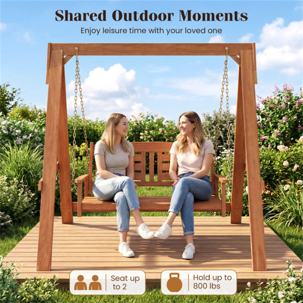 2人硬木门廊秋千，带支架，可容纳800磅的室外露台秋千，适用于花园池畔-10