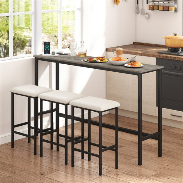 4件式柜台高度酒吧桌带充电站和USB端口的，带3个凳子的灰色酒吧桌-6