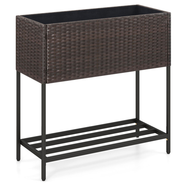 28英寸高架花盆箱，带储物架，符合人体工程学的花园床，用于露台阳台香草蔬菜 - 棕色-4