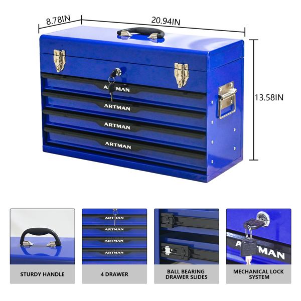 20英寸钢制便携式工具箱，带抽屉 - 工具收纳箱整理器，带金属锁扣 - 粉末涂层工具收纳柜（蓝色）--不支持self-pick up且不支持指定仓库发货-7