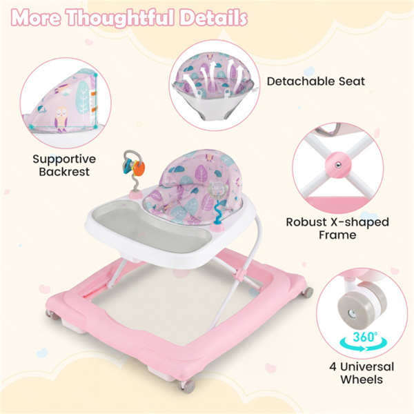 粉色可折叠婴儿学步车，带可拆卸托盘和形状分类玩具，3层高度可调，适用于6-12个月大的婴儿-7