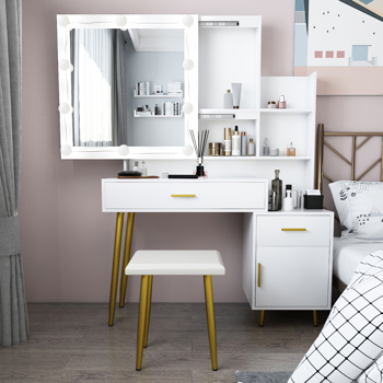  白色 刨花板三胺贴面 2抽 1门 2层架 镜柜 梳妆桌套装 三色调光灯泡 N001