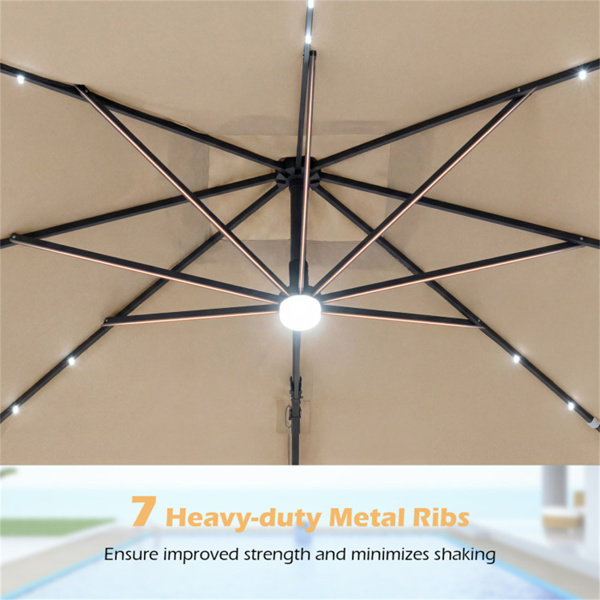 10x10英尺米色太阳能LED悬臂式露台伞360°旋转偏置带灯挂伞-8