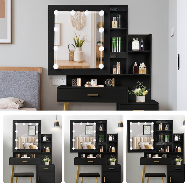  黑色 刨花板三胺贴面 2抽 1门 2层架 镜柜 梳妆桌套装 三色调光灯泡 N001-4
