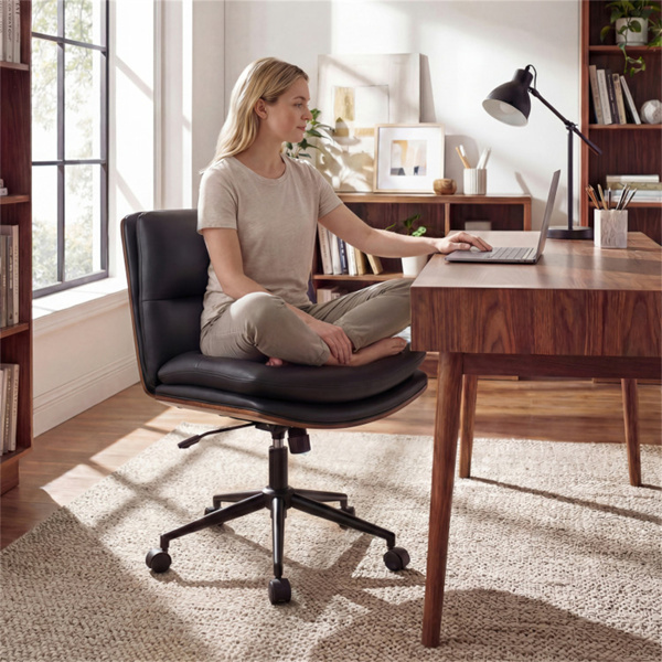 黑色无扶手办公椅，弧形靠背和宽座椅，360°旋转和摇动功能​-6