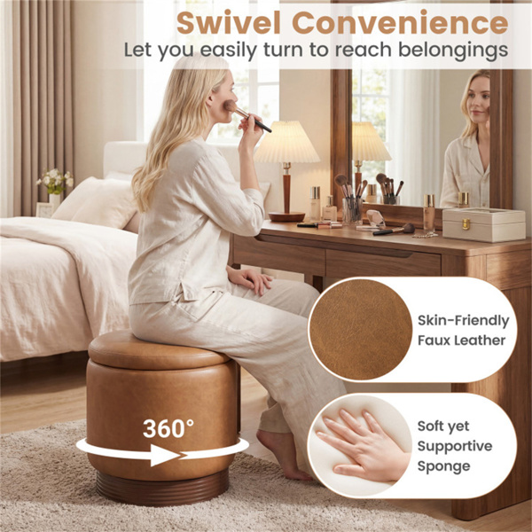 棕色360°旋转储物奥斯曼，43.18×45.72cm仿皮梳妆台凳，带26.50L隐藏空间-11