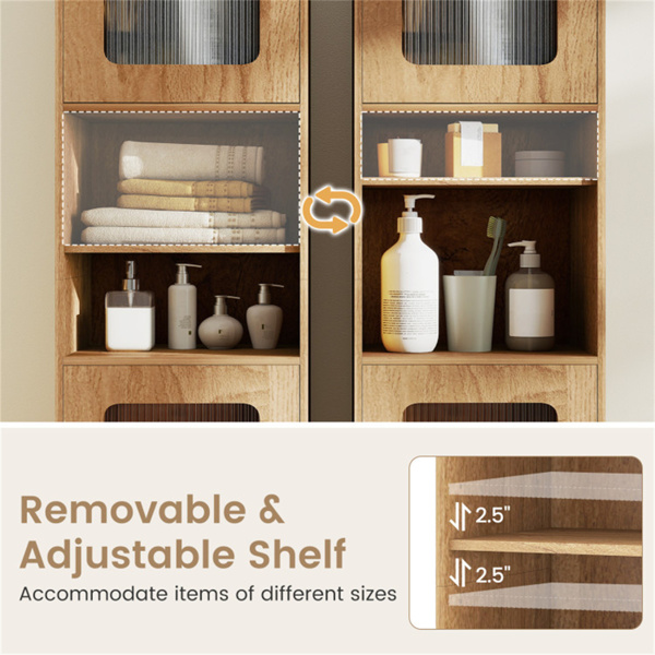 67英寸高瘦浴室储物柜，带槽门，可调节架子，独立式窄收纳架 - 自然色-10
