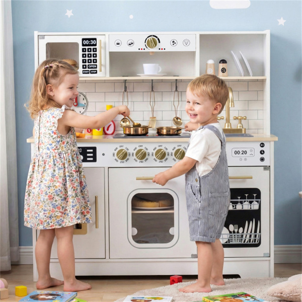儿童木制游戏厨房，配有逼真的灯光和声音，为3岁幼儿提供假装制冰机和储物空间+ - 白色-3