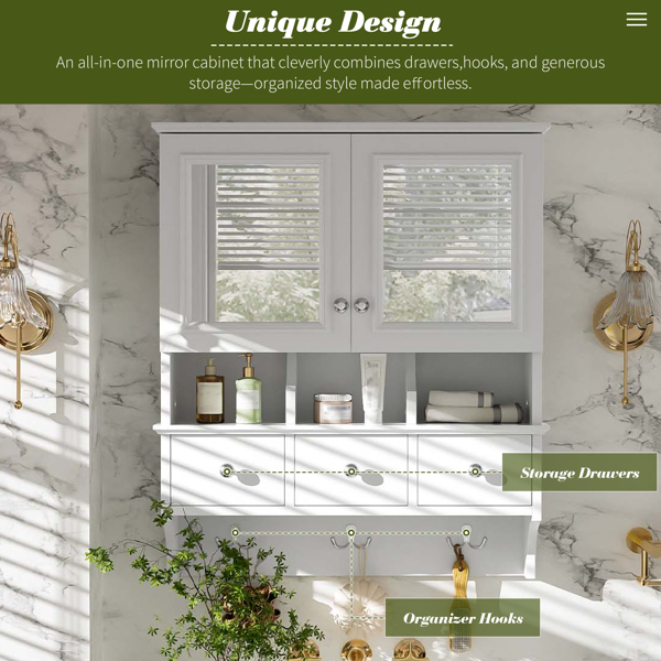 四合一浴室镜柜，24英寸壁挂式药柜，带抽屉和收纳挂钩，高清镜面，带浴室梳妆台储物空间--不支持self-pick up且不支持指定仓库发货-16