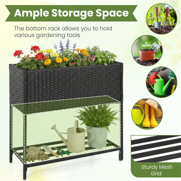 28英寸高架花盆箱，带储物架，符合人体工程学的花园床，用于露台阳台香草蔬菜 - 黑色-7