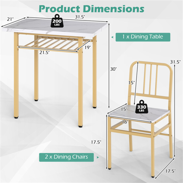 三件套餐桌（白色+金色），节省空间的椅子下折叠设计-4