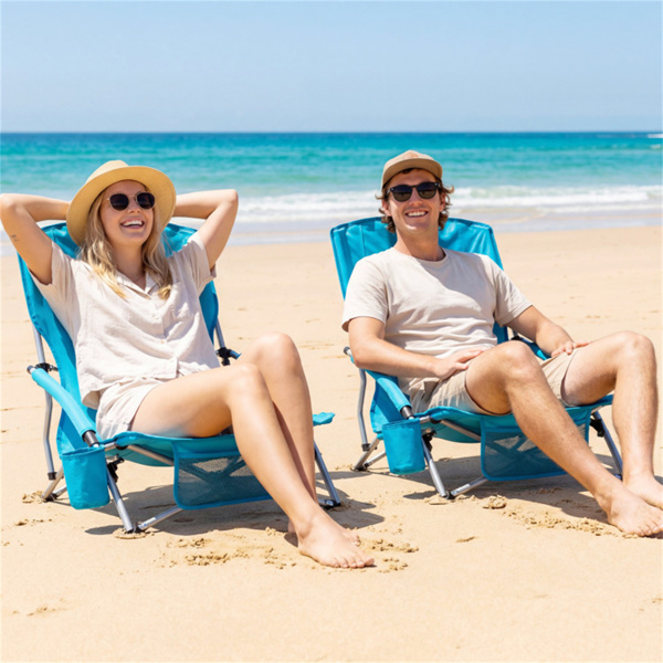 2折叠沙滩椅便携式可折叠沙滩椅，带手提包，5.5磅轻便露营椅，带杯架和网眼口袋（蓝色）-2