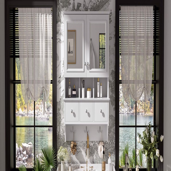 四合一浴室镜柜，24英寸壁挂式药柜，带抽屉和收纳挂钩，高清镜面，带浴室梳妆台储物空间--不支持self-pick up且不支持指定仓库发货-11