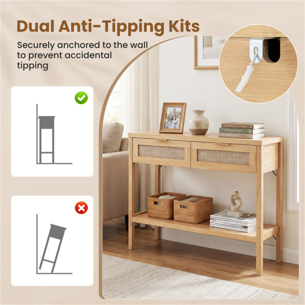 带储物抽屉和底部架子的40英寸控制台桌，走廊客厅的坚固PE藤条门厅桌-6