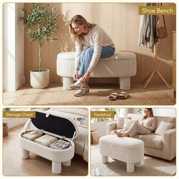 米色42英寸灯芯绒储物台，毛绒泡沫垫和隐藏式隔间，座椅承重400LBS-10