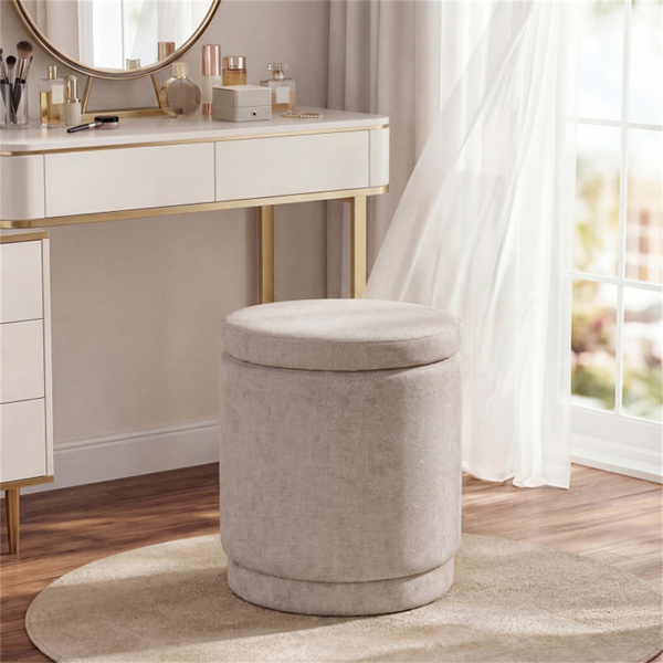 7.7加仑圆形储物奥斯曼脚凳，带相思木框架，400磅承重脚凳 - 米色-2