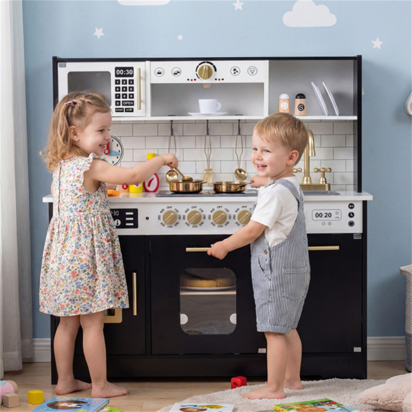 儿童木制游戏厨房，配有逼真的灯光和声音，为3岁幼儿提供假装制冰机和储物空间+ - 黑色-6