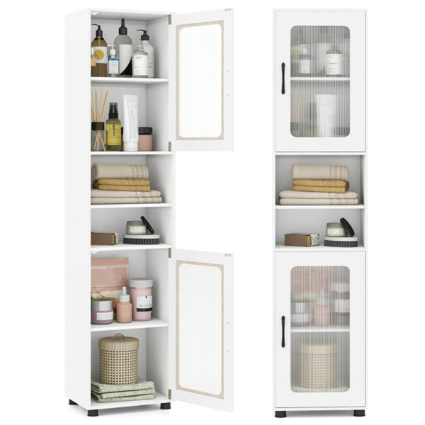 67英寸高瘦浴室储物柜，带槽门，可调节架子，独立式窄收纳架 - 白色-1