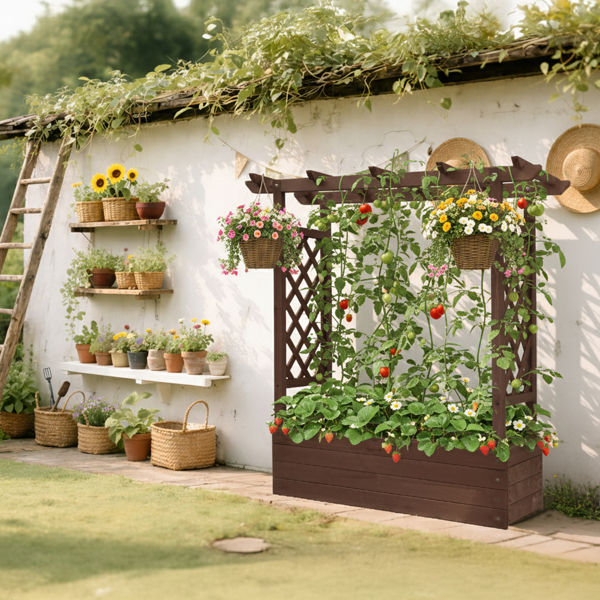 110*44.5*113CM 碳化色 带拱形格子 高架花园床 杉木 木种植-13