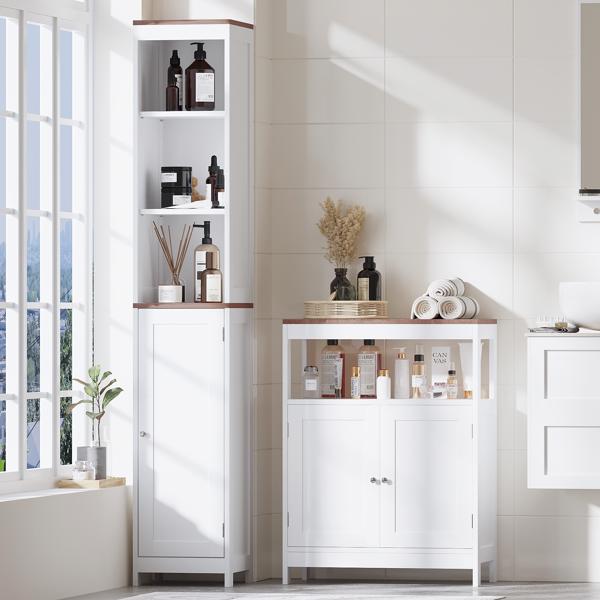 现代双门储物柜，独立式浴室柜，带可调节层板和天然木质台面，多功能收纳柜，适用于厨房、客厅、浴室或玄关 – 白色(不支持self-pick up且不支持指定仓库发货)-21