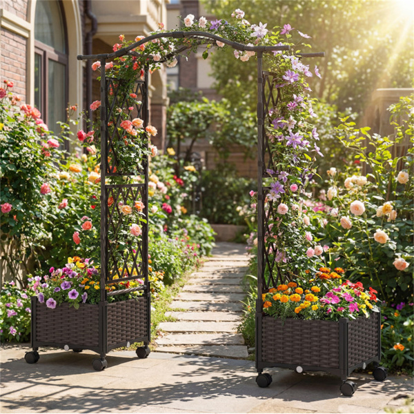 5英尺自浇水垂直高架花园床，带格栅和可锁轮子，2种配置高架花盆，用于露台阳台-9