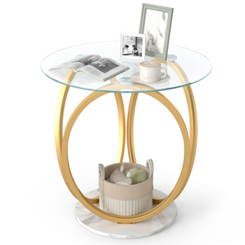 现代双层边桌，钢化玻璃桌面和人造大理石底座，金色和白色圆形茶几