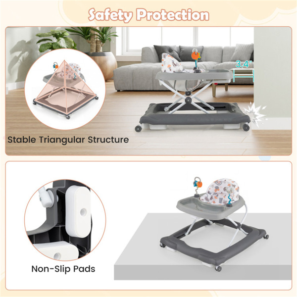 灰色可折叠婴儿学步车，带可拆卸托盘和形状分类玩具，3层高度可调，适用于6-12个月大的婴儿-7