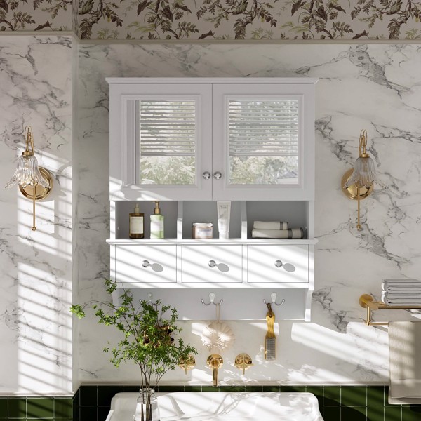 四合一浴室镜柜，24英寸壁挂式药柜，带抽屉和收纳挂钩，高清镜面，带浴室梳妆台储物空间--不支持self-pick up且不支持指定仓库发货-2