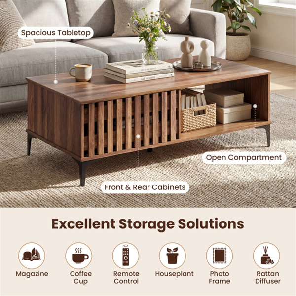 47英寸中世纪咖啡桌，带储物柜和开放式隔间，胡桃木外观装饰桌，带重型金属腿，适合客厅使用-5