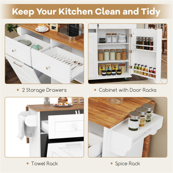 白色移动厨房岛推车，带落叶设计，可锁定的万向轮和垃圾箱-9