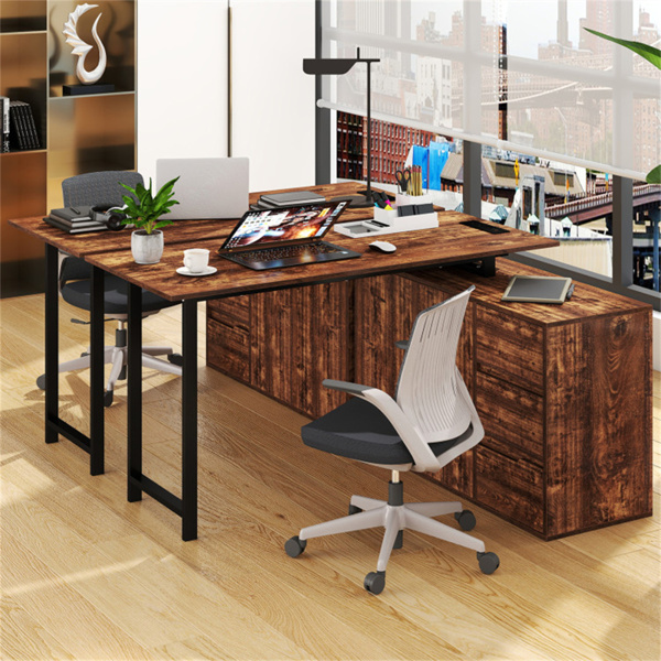 可逆L形办公桌，内置充电站，带抽屉和文件柜的家庭办公桌 - 棕色-10