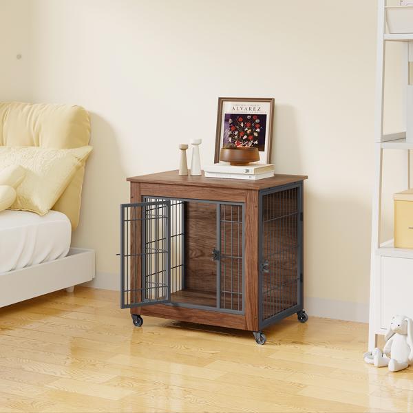 27.2英寸带轮宠物笼家具（适用于小型犬）——重型室内双门狗窝，木质宠物笼兼作边桌，坚固金属双门狗笼（专为缓解焦虑犬设计）--不支持self-pick up且不支持指定仓库发货-2