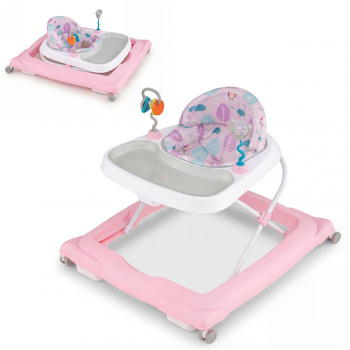 粉色可折叠婴儿学步车，带可拆卸托盘和形状分类玩具，3层高度可调，适用于6-12个月大的婴儿