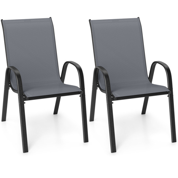 灰色2件套可堆叠的露台餐椅，符合人体工程学的钢架透气织物户外椅，容量330磅-1