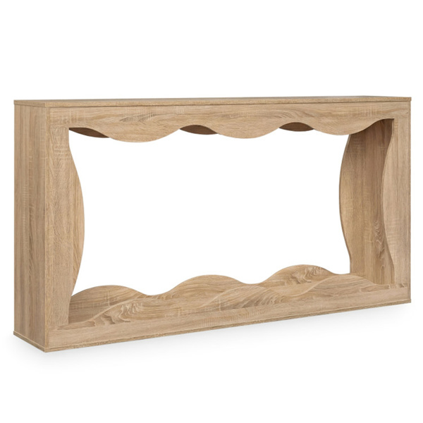 63英寸窄控制台桌，波浪形中空设计，2层超长入口桌，带储物架 - 自然色-4