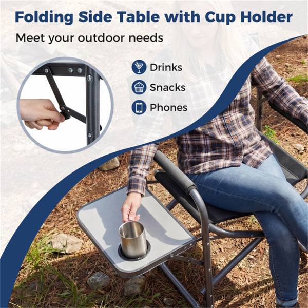 400LBS重型折叠露营椅，带边桌和杯架，户外带衬垫的董事椅 - 黑色-6
