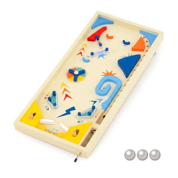 彩色木制弹球机，3个金属弹珠和弹簧柱塞，双翻转控制，适合有趣的游戏-4