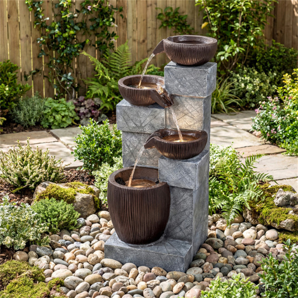 带LED灯的四层瀑布喷泉，花园露台可调节流量的树脂玻璃纤维室外喷泉-10