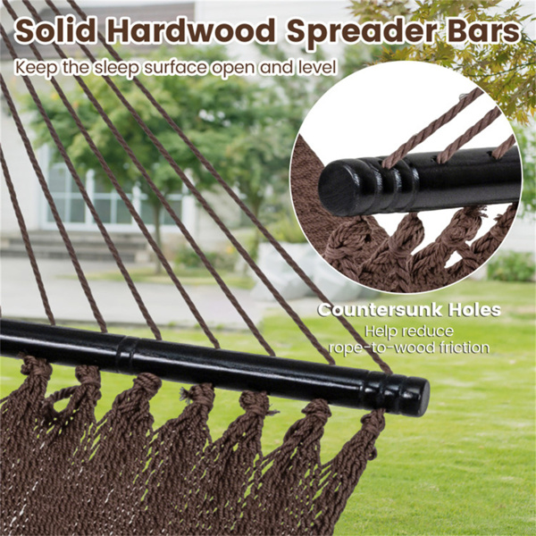 2人聚酯加勒比吊床，带硬木撑杆，可承重600磅，露台花园双人吊-棕色-9