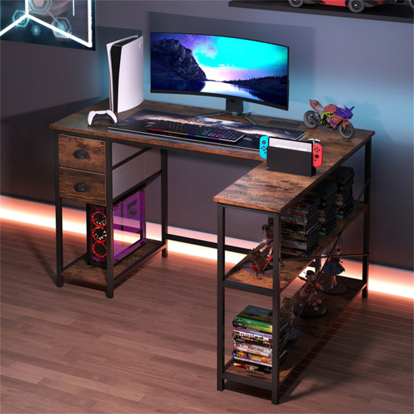 L形电脑桌，带内置电源插座、USB和Type-C充电端口、带织物抽屉和储物架的家庭办公室角桌 - 粗犷棕色-6