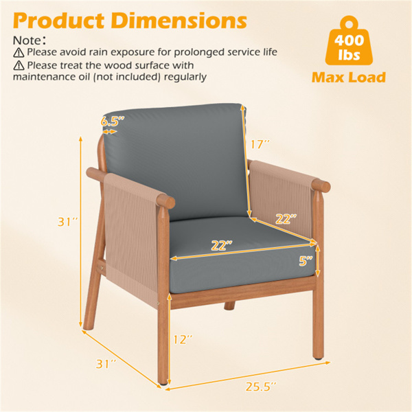 灰色波西米亚庭院相思木椅，带编织绳扶手，门廊阳台用软垫户外装饰椅-5