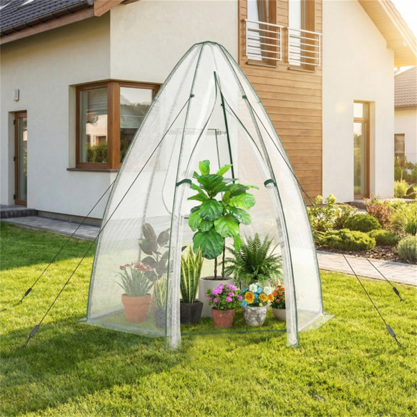六角形迷你温室，带拉链门和卷帘窗，PE覆盖室外植物房 - 白色-2