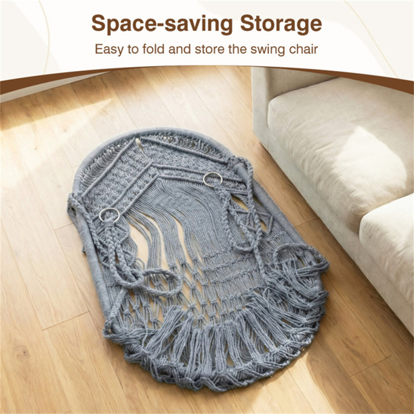 波西米亚流苏结 秋千带2个软垫的悬挂秋千椅，可容纳330磅的吊床椅，适用于室内室外卧室露台阳台-灰色-10