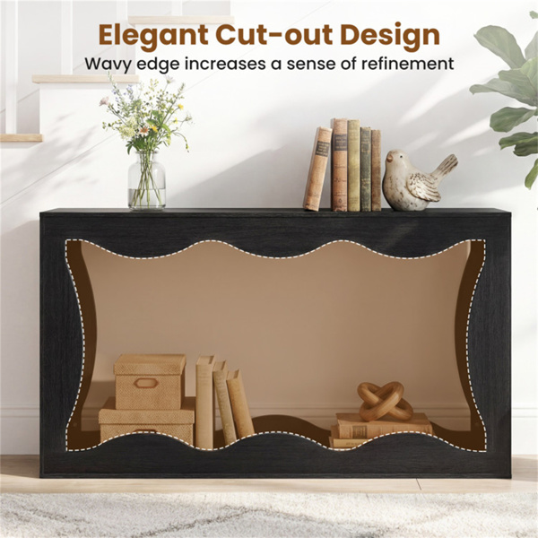 63英寸窄控制台桌，波浪形中空设计，2层超长入口桌，带储物架 - 黑色-7