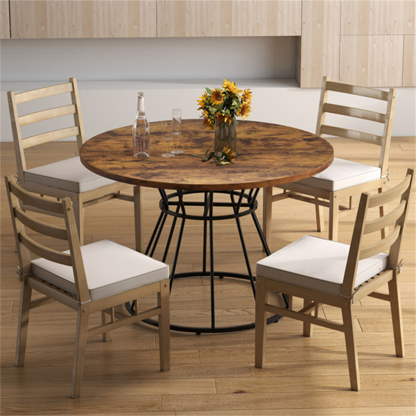 棕色47英寸圆形餐桌，适合4-6人家庭使用，沙漏金属底座和曲面桌面-3